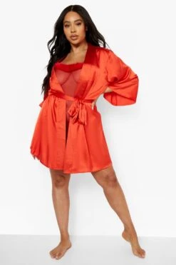 Grande Taille - Robe De Chambre Satinée Style Kimono -BOOHO Kleidung Magasin pzz09764 red xl 2