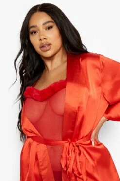 Grande Taille - Robe De Chambre Satinée Style Kimono -BOOHO Kleidung Magasin pzz09764 red xl 3