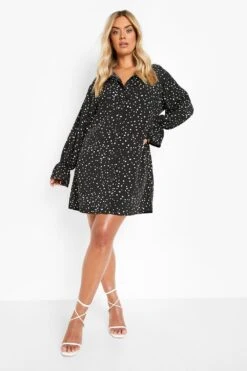 Grande Taille - Robe Chemise Volantée à Imprimé Taches -BOOHO Kleidung Magasin pzz09930 black xl 2
