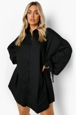 Grande Taille - Robe Chemise Oversize à Détails Froncés -BOOHO Kleidung Magasin pzz09984 black xl 3