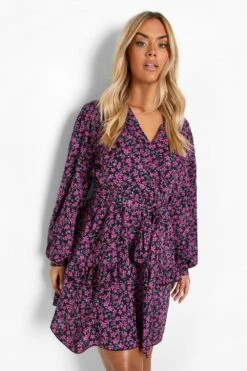 Grande Taille - Robe Portefeuille à Imprimé Fleuri -BOOHO Kleidung Magasin pzz10032 purple xl 3