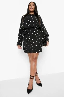 Grande Taille - Robe Courte à Pois Et Nouée à La Taille -BOOHO Kleidung Magasin pzz10417 black xl 2