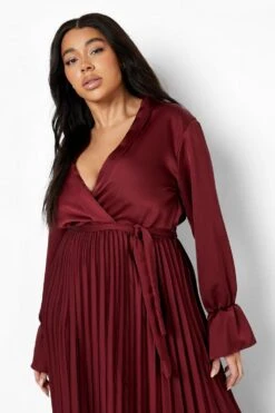 Grande Taille - Robe Cache-cœur Satinée à Manches évasées -BOOHO Kleidung Magasin pzz10469 red xl 3