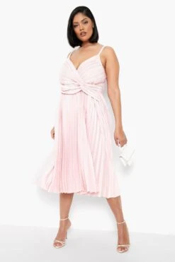 Grande Taille - Robe Mi-longue Satinée Plissée Effet Noué -BOOHO Kleidung Magasin pzz10920 pink xl 2