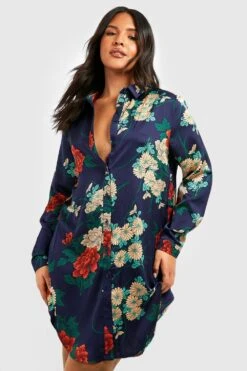 Grande Taille - Robe Chemise Satinée à Imprimé Fleuri -BOOHO Kleidung Magasin pzz59880 navy xl 2