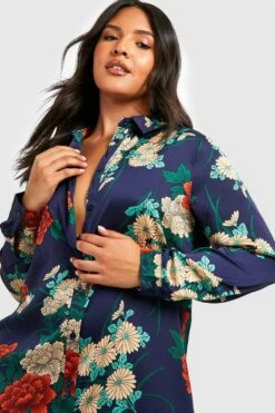 Grande Taille - Robe Chemise Satinée à Imprimé Fleuri -BOOHO Kleidung Magasin pzz59880 navy xl 3