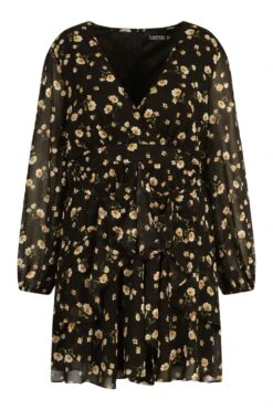 Grande Taille - Robe Courte Fleurie à Ourlet Volanté -BOOHO Kleidung Magasin pzz61643 black xl 2