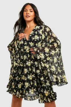 Grande Taille - Robe Patineuse à Manches Volumineuses Et Imprimé Fleuri -BOOHO Kleidung Magasin pzz61647 black xl 2