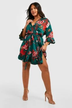 Grande Taille - Robe Cache-cœur à Ceinture Et Motif Fleuri 8 Grande Taille - Robe Cache-cœur à Ceinture Et Motif Fleuri -BOOHO Kleidung Magasin pzz62006 green xl 2