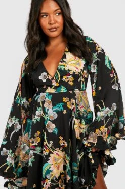 Grande Taille - Robe Patineuse à Manches Larges Et Motif Cachemire Fleuri -BOOHO Kleidung Magasin pzz62217 black xl 2