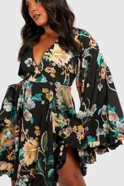 Grande Taille - Robe Patineuse à Manches Larges Et Motif Cachemire Fleuri -BOOHO Kleidung Magasin pzz62217 black xl 3
