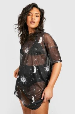 Grande Taille - Robe T-shirt En Mesh à Lunes Et Soleils -BOOHO Kleidung Magasin pzz64910 black xl 2