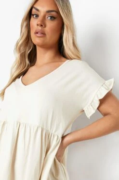 Grande Taille - Robe Smockée Volantée à Col En V -BOOHO Kleidung Magasin pzz65611 stone xl 3