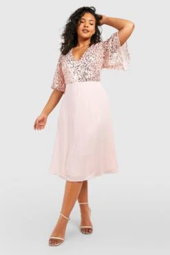 Grande Taille - Robe Mi-longue à Paillettes Et Manches Volantées -BOOHO Kleidung Magasin pzz66822 blush xl 2