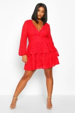 Grande Taille - Robe Patineuse En Dentelle à Décolleté Plongeant -BOOHO Kleidung Magasin pzz70363 red xl 3