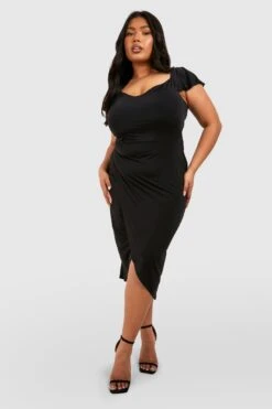 Grande Taille - Robe Cache-cœur Midi Près Du Corps à épaules Dénudées 8 Grande Taille - Robe Cache-cœur Midi Près Du Corps à épaules Dénudées -BOOHO Kleidung Magasin pzz73792 black xl 2