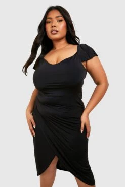 Grande Taille - Robe Cache-cœur Midi Près Du Corps à épaules Dénudées 9 Grande Taille - Robe Cache-cœur Midi Près Du Corps à épaules Dénudées -BOOHO Kleidung Magasin pzz73792 black xl 3