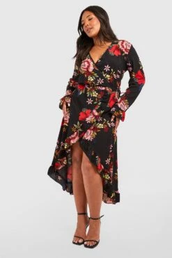 Grande Taille - Robe Mi-longue Cache-cœur à Imprimé Fleuri -BOOHO Kleidung Magasin pzz85657 black xl 2