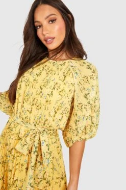 Tall - Robe Mi-longue Fleurie à Manches Bouffantes -BOOHO Kleidung Magasin tzz02238 yellow xl 3